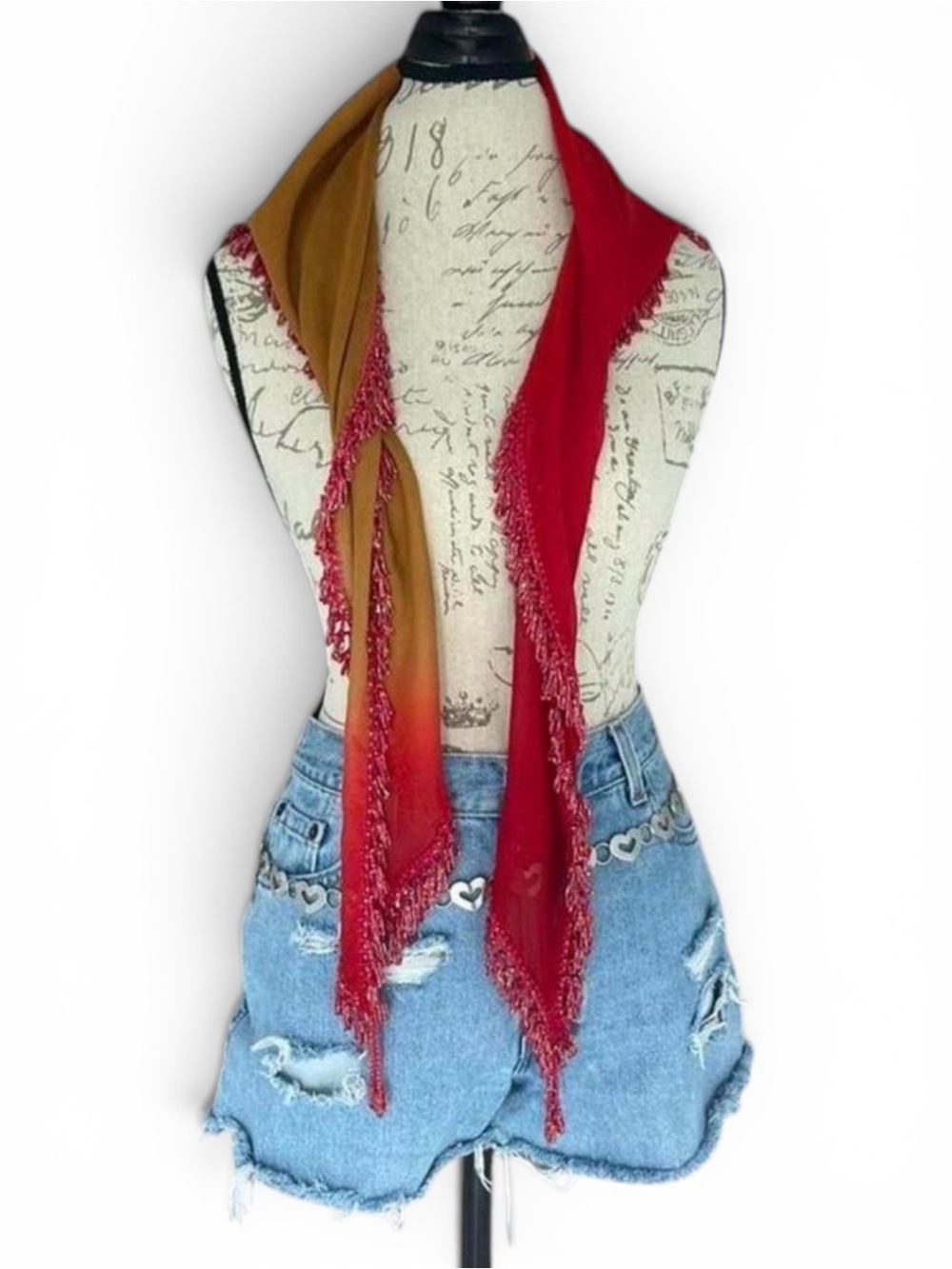 Beaded Fringe Ombre Triangle Shawl Scarf • Sunset Red Gold Boho Western - Picture 4 of 4